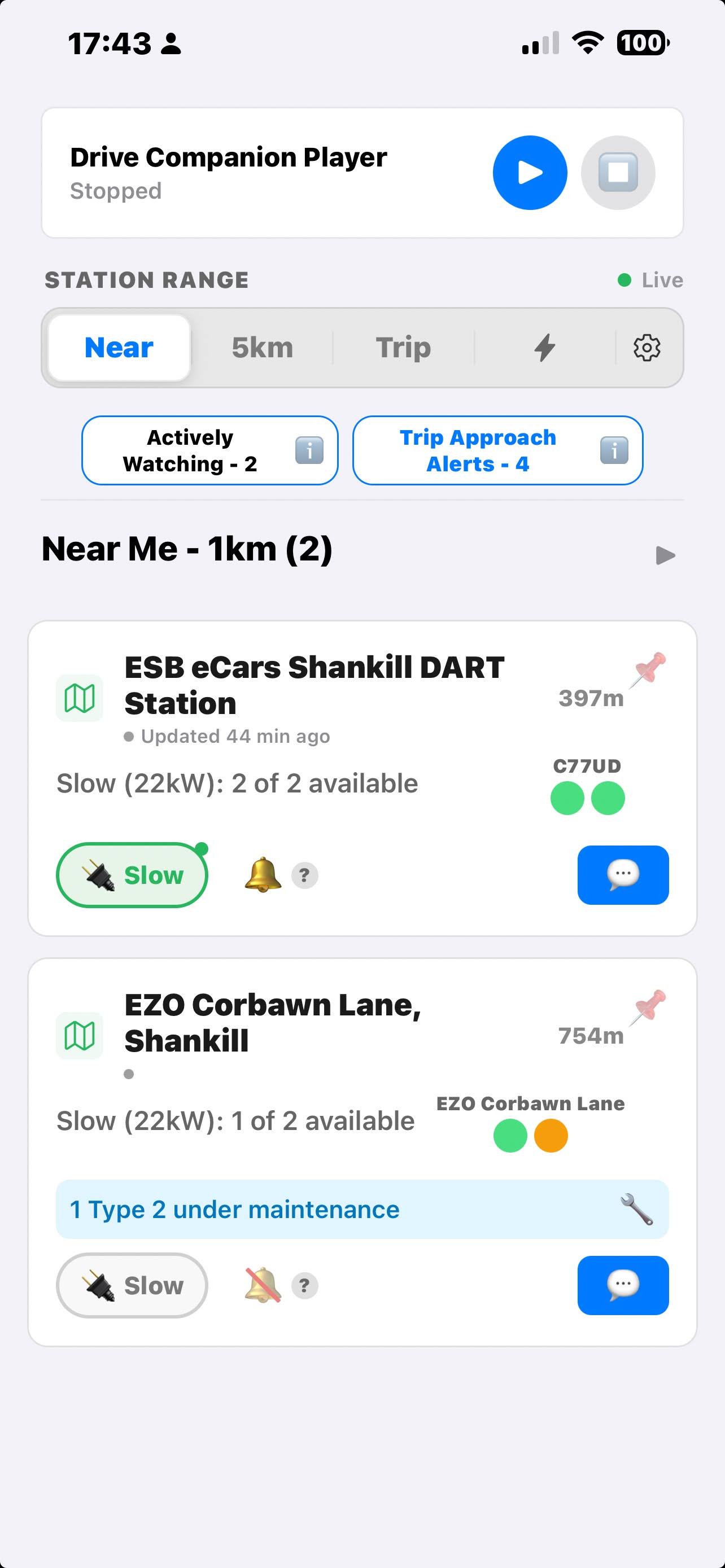 EvEcho app showing nearby charging stations