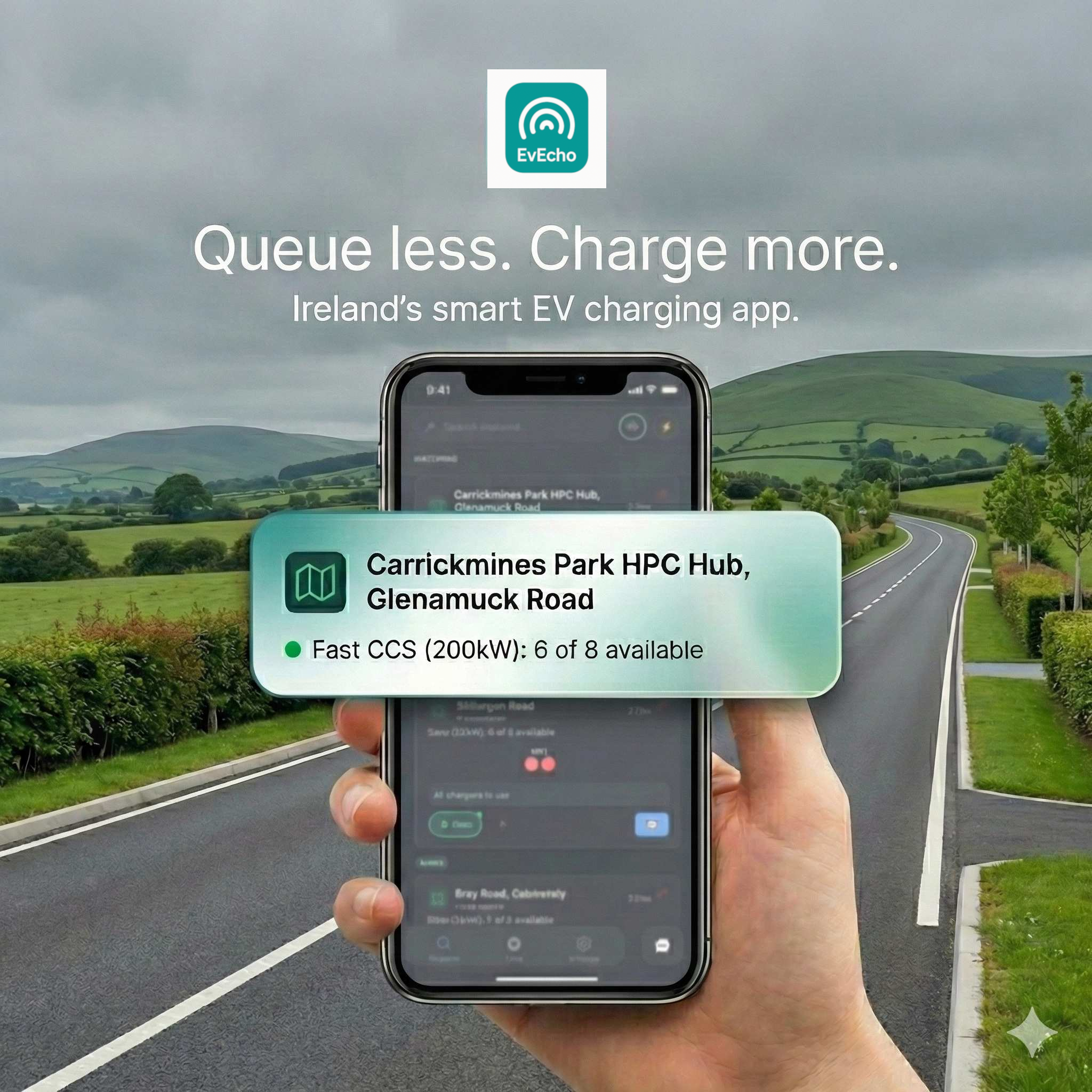 EvEcho app showing real-time charger availability at Carrickmines Park HPC Hub on an Irish road